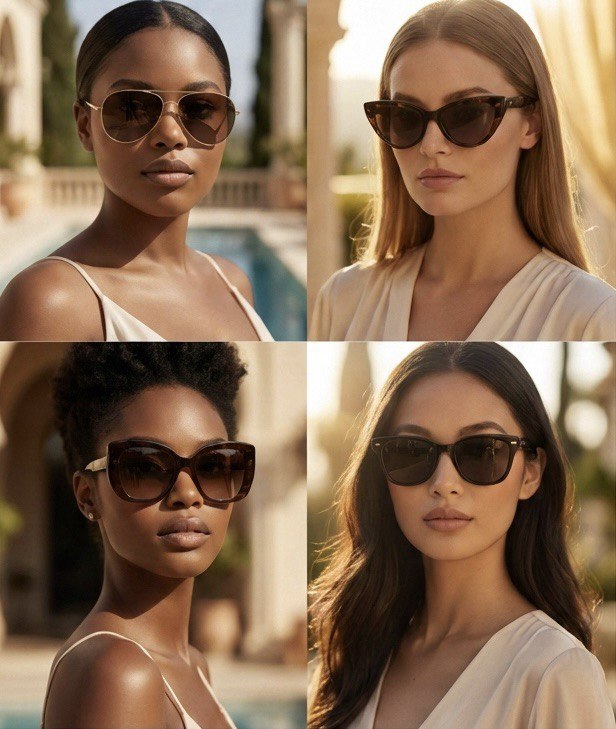 Diferentes formatos de rosto com óculos de sol — Guia Nobire 2026